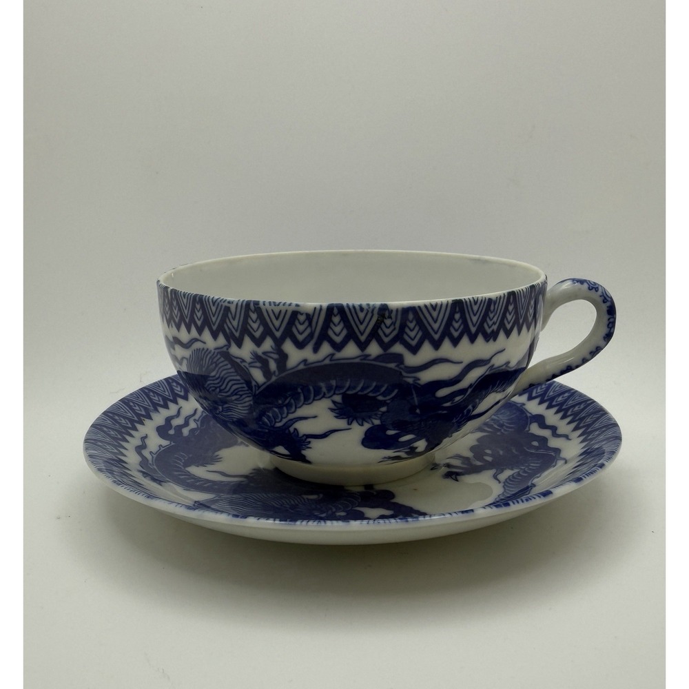 Vintage Dragonware Eggshell Teacup & Saucer Blue White Occupied Japan (Cracks)